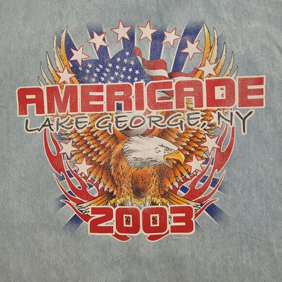 Vintage 2003 Americade Lake George NY Cutoff Denim Button Shirt Medium 22x30 - Picture 2 of 13